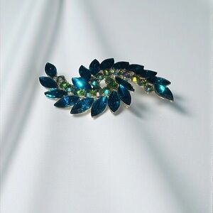 Vintage Blue Rhinestone Brooch Leaf Spray Design Mid-Century
